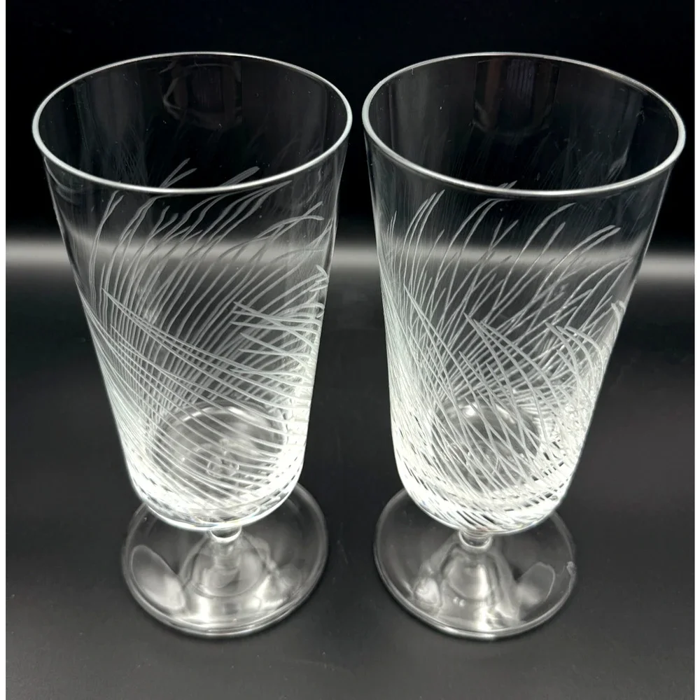 1970s Flat Bottom Short Stem Cocktail Water Glasses Hand Etched Lines Reeds Set